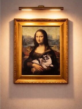 19x24” Mona Lisa by Leonardo da Vinci with a cute little cat painting with frame